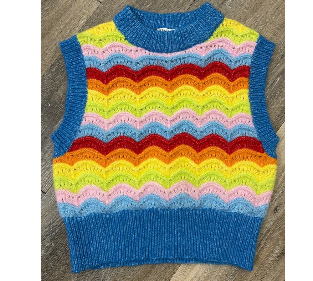 Zara Sweater Vest Small Rainbow Scallop Knit Sleeveless Colorblock